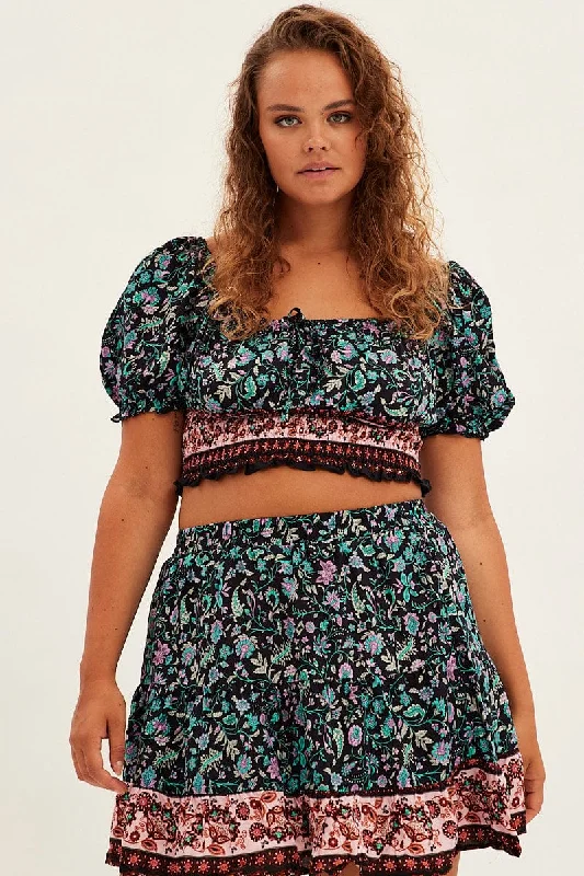 Black Boho Crop Top Short Sleeve Shirred Waist Hooded Caped Shawl Collar