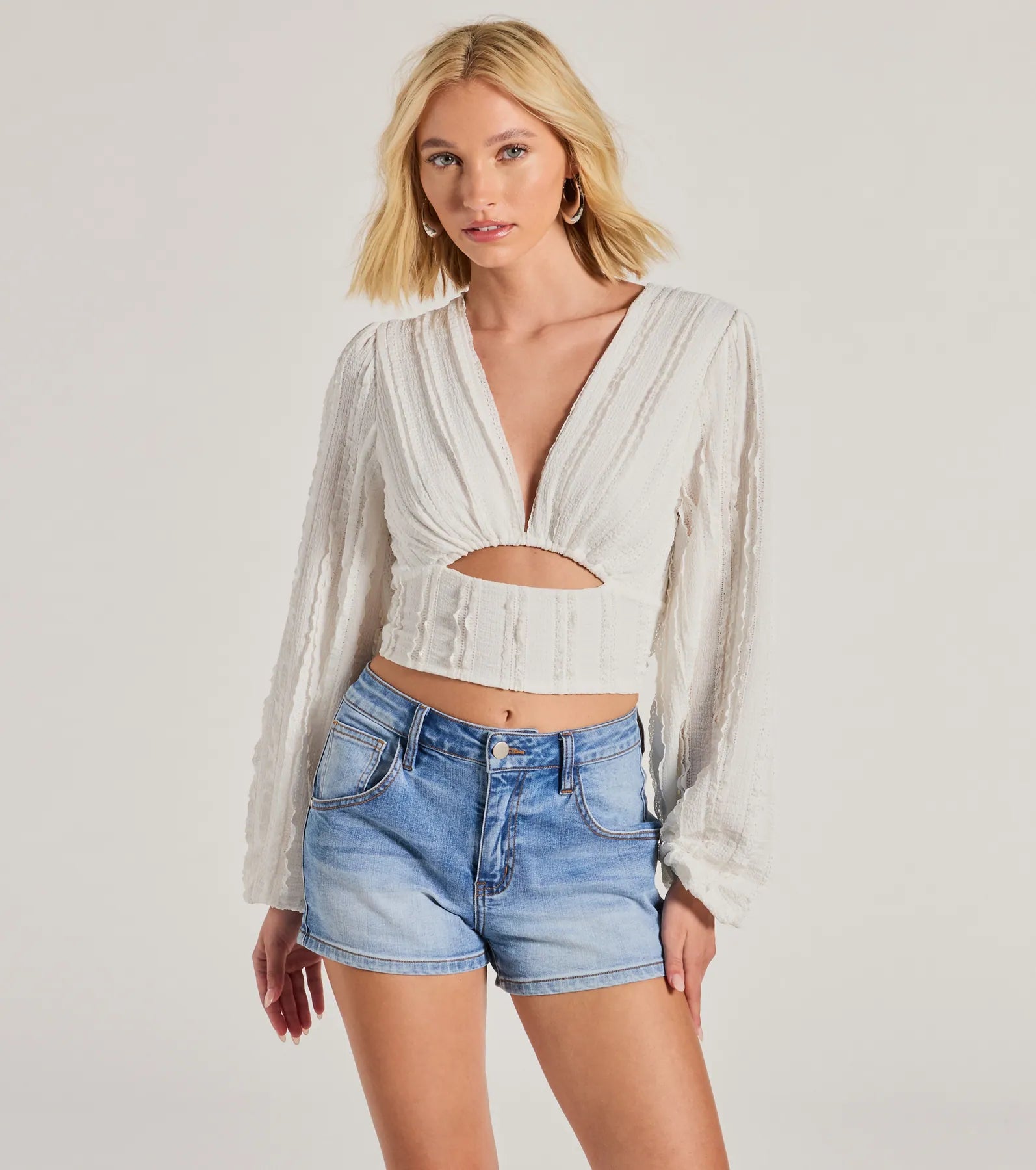 Romance Awaits Long Sleeve Ruffle Lace Trim Crop Top Fashionable Trendy Casual