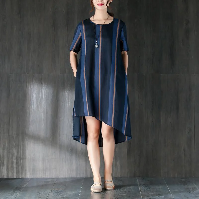 baggy Midi cotton dresses trendy plus size Navy Blue Stripe Women Dress with Ribbon Pocket Stylish Vintage Midi Dress baggy Midi cotton dresses trendy plus size Navy Blue Stripe Women Dress with Ribbon Pocket Stylish Vintage Midi Dress
