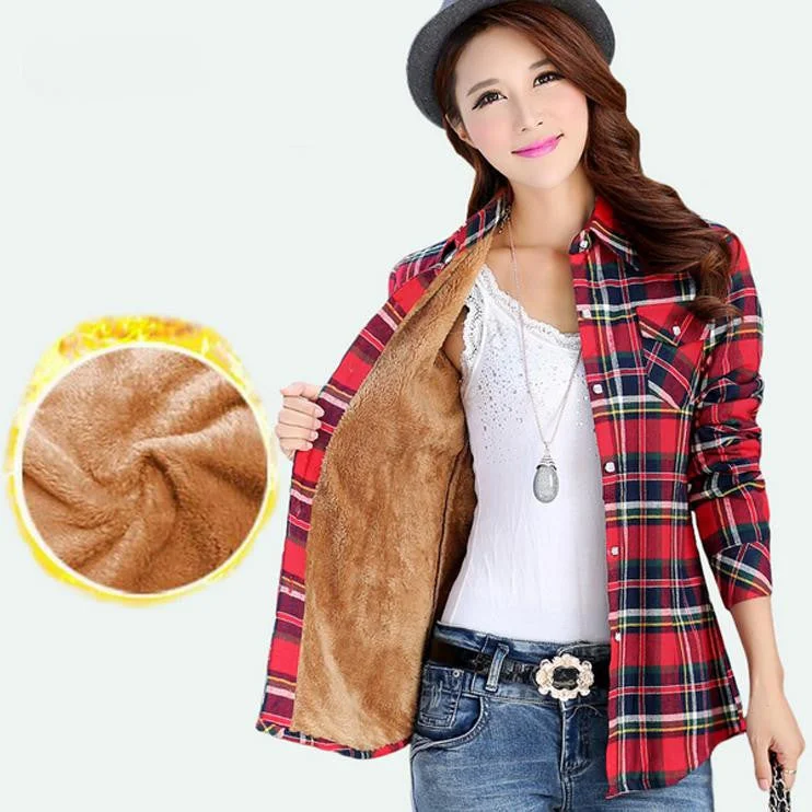 Velvet Thick Warm Women's Plaid Shirt Female Long Sleeve Tops Plus Size Check Blouse-- Chenille Blend Fleece Blend Nylon Blend Velvet Thick Warm Women's Plaid Shirt Female Long Sleeve Tops Plus Size Check Blouse-- Chenille Blend Fleece Blend Nylon Blend