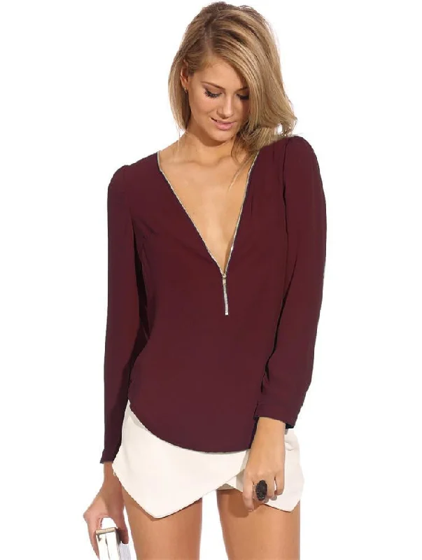 Women Blouses Zip Shirt Casual Long Sleeve V-neck Solid Color Chiffon Blouse Female Blouse-- Oversized T-Shirt Spandex breathable Women Blouses Zip Shirt Casual Long Sleeve V-neck Solid Color Chiffon Blouse Female Blouse-- Oversized T-Shirt Spandex breathable