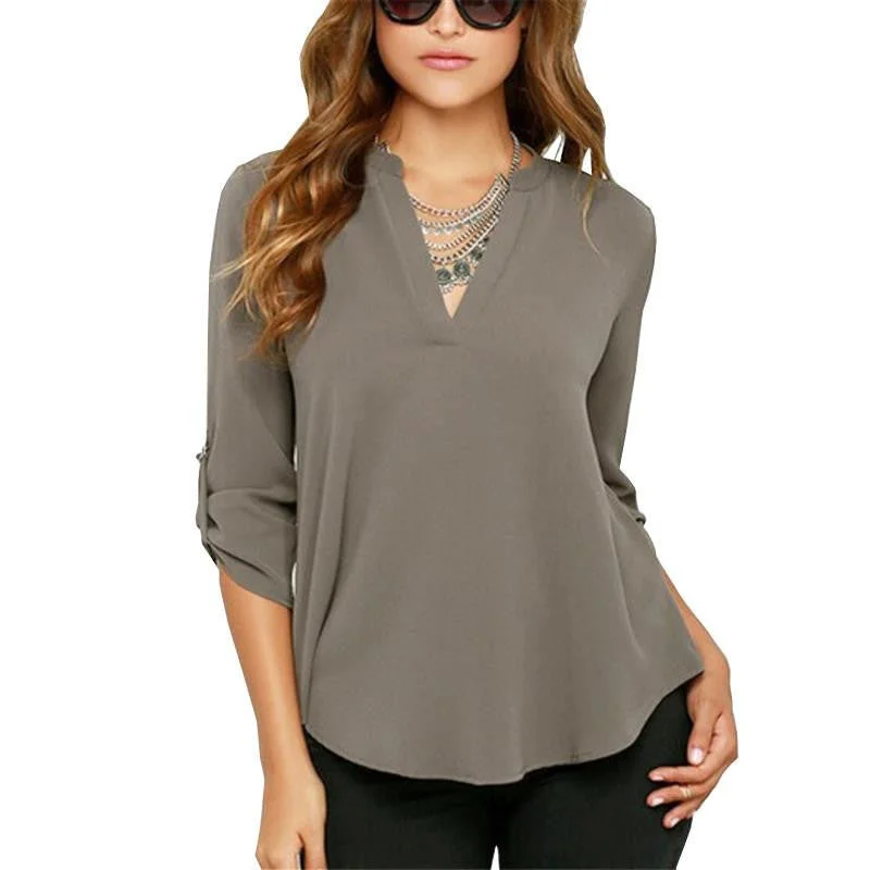 Women V-neck Chiffon Blouse Casual Long Sleeve Solid Shirts Tops Plus Size 5XL-- Zippered Front Buttoned Front Snap Front Women V-neck Chiffon Blouse Casual Long Sleeve Solid Shirts Tops Plus Size 5XL-- Zippered Front Buttoned Front Snap Front