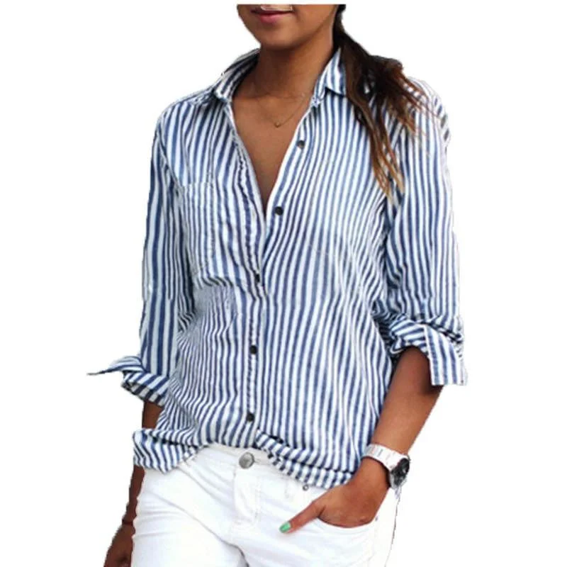 Women Blouses Fashion Long Sleeve Lapel Striped Shirt Loose Casual OL Work Tops Plus Size XS-5XL-- Front Pockets Side Pockets Patch Pockets Women Blouses Fashion Long Sleeve Lapel Striped Shirt Loose Casual OL Work Tops Plus Size XS-5XL-- Front Pockets Side Pockets Patch Pockets