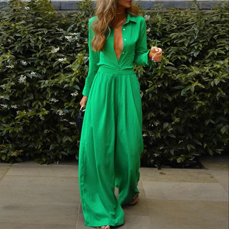 Women Fashion Elegant Solid Color Shirt Loose Wide Leg Pants Two-Piece Set-- Terry Blend Velvet Blend Canvas Blend Women Fashion Elegant Solid Color Shirt Loose Wide Leg Pants Two-Piece Set-- Terry Blend Velvet Blend Canvas Blend