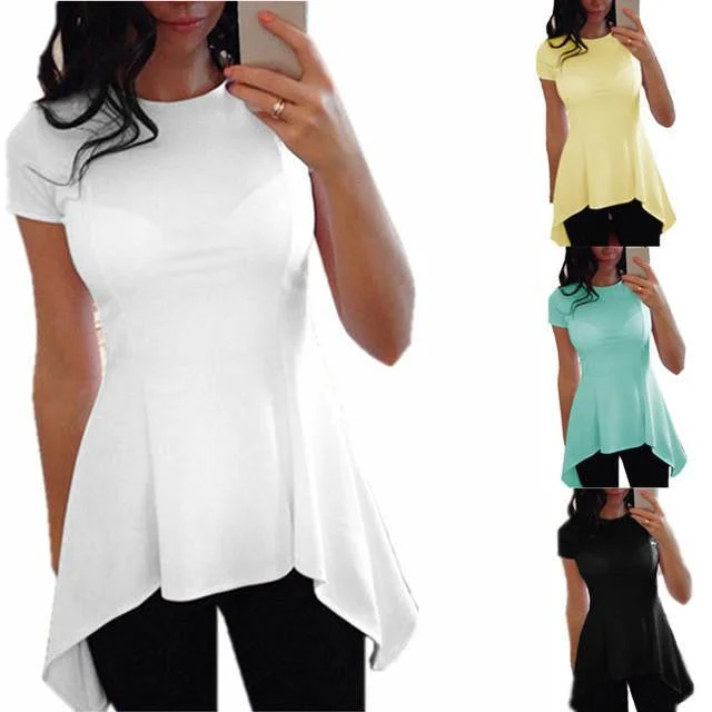 Women Ruffle Blouse Irregular Hem Short Sleeve O Neck Peplum Waist Slim Fit Tops Casual Loose Shirts-- Solid Print Embellished Women Ruffle Blouse Irregular Hem Short Sleeve O Neck Peplum Waist Slim Fit Tops Casual Loose Shirts-- Solid Print Embellished