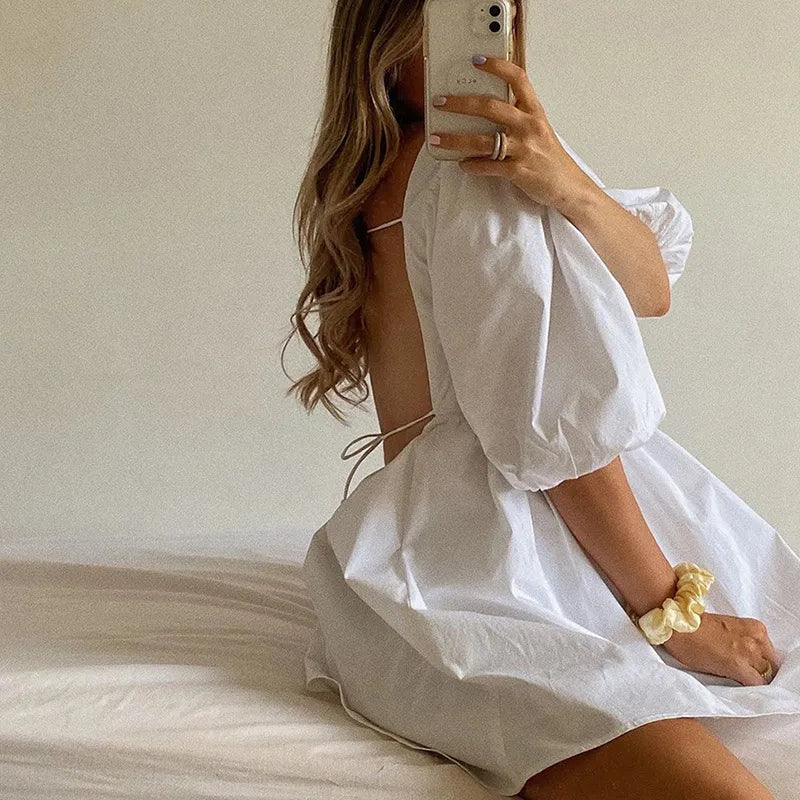 Bonnyshow Sexy Backless Lace Up Mini Dresses Boho White Puff Sleeve Sweet Dress Chic Women Elegant Lady for Wedding Party Summer Clothes Classic White Mini Dress Bonnyshow Sexy Backless Lace Up Mini Dresses Boho White Puff Sleeve Sweet Dress Chic Women Elegant Lady for Wedding Party Summer Clothes Classic White Mini Dress