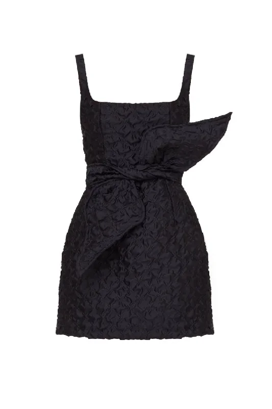 GOLDA BLACK TEXTURED FABRIC MINI DRESS WITH BOW BELT Fashionable Off-Shoulder Mini Dress GOLDA BLACK TEXTURED FABRIC MINI DRESS WITH BOW BELT Fashionable Off-Shoulder Mini Dress