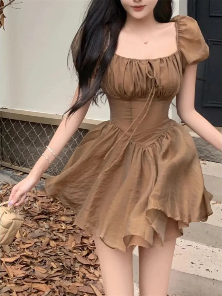 Bonnyshow Elegant Summer Sexy Dress Women Streetwear Korean Fashion Brown Party Mini Dresses Puff Sleeve Square Collar Sundress Casual High-Waist Mini Dress Bonnyshow Elegant Summer Sexy Dress Women Streetwear Korean Fashion Brown Party Mini Dresses Puff Sleeve Square Collar Sundress Casual High-Waist Mini Dress