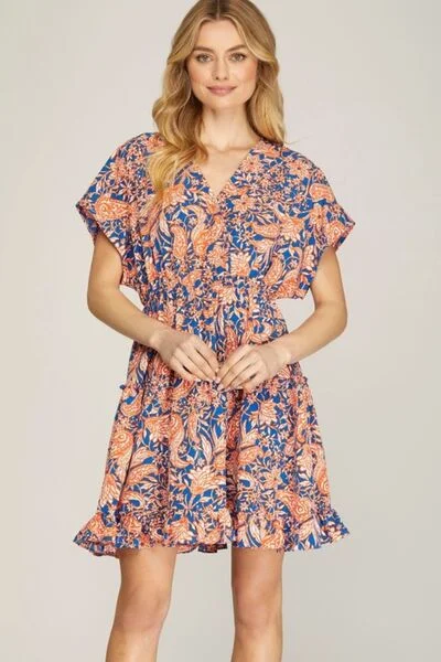 She + Sky Full Size Ruffled Hem Printed Surplice Kimono Sleeve Mini Dress Plus Size Stylish Sweetheart Mini Dress She + Sky Full Size Ruffled Hem Printed Surplice Kimono Sleeve Mini Dress Plus Size Stylish Sweetheart Mini Dress