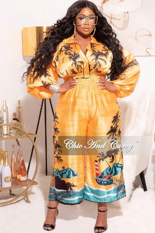 Final Sale Plus Size 2pc Satin Set with Crop Top and Culottes Pants in Mustard Palm Print Lace Blend Ribbed Blend Corduroy Blend Final Sale Plus Size 2pc Satin Set with Crop Top and Culottes Pants in Mustard Palm Print Lace Blend Ribbed Blend Corduroy Blend