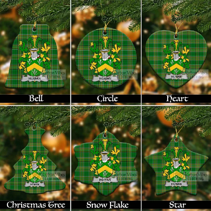 Homan Irish Clan Tartan Christmas Ceramic Ornament with Coat of Arms Striped Polka Dot Floral Homan Irish Clan Tartan Christmas Ceramic Ornament with Coat of Arms Striped Polka Dot Floral