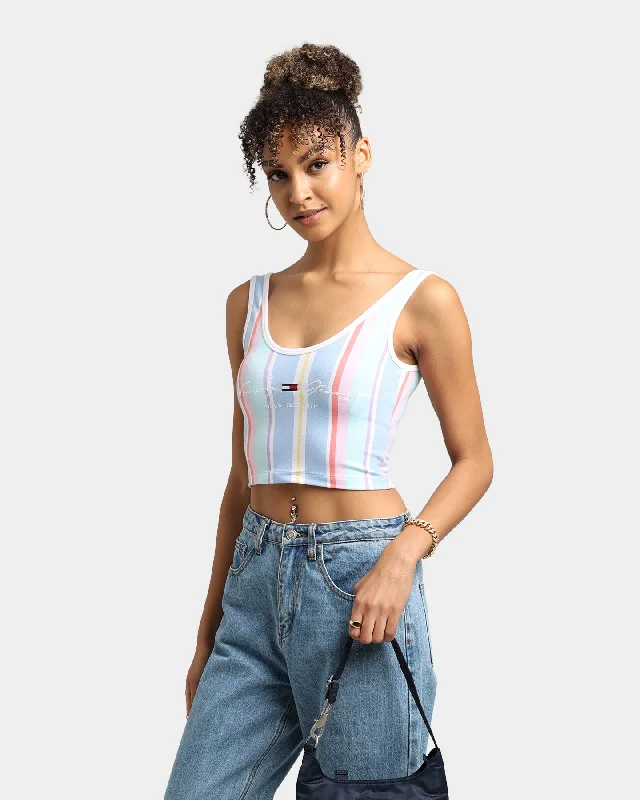 Tommy Jeans Women's Stripe Crop Top Light Powdery Blue Mesh Blend Leather Blend Suede Blend Tommy Jeans Women's Stripe Crop Top Light Powdery Blue Mesh Blend Leather Blend Suede Blend