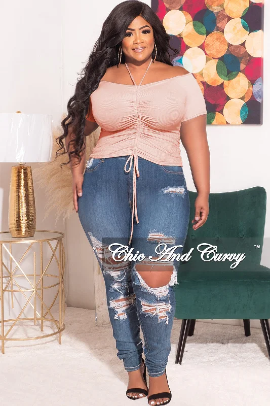 Final Sale Plus Size Ribbed Ruched Drawstring Crop Top in Soft Pink Solid Print Embellished Final Sale Plus Size Ribbed Ruched Drawstring Crop Top in Soft Pink Solid Print Embellished